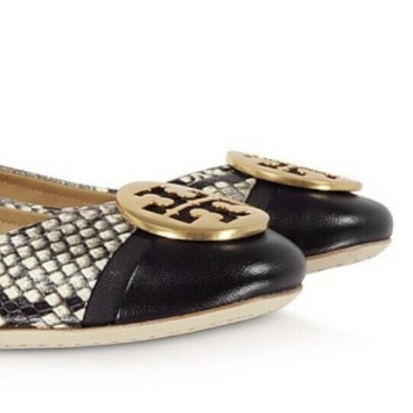 Tory Burch Cap Toe Minnie Ballet Flats Gold Logo Two Tone Roccia Black 9.5 - Picture 8 of 8